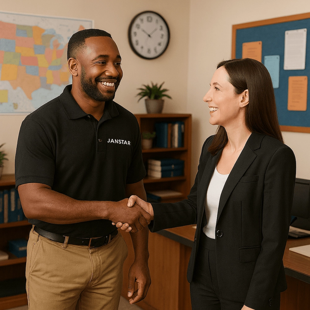 Cleaning professional with school administrator