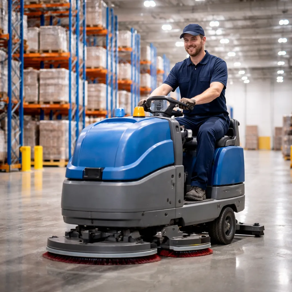 Ride-on floor scrubber cleaning a warehouse in Orlando